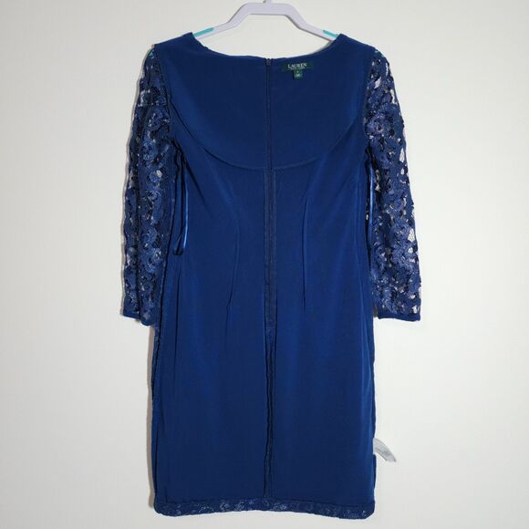 Lauren Ralph Lauren Womens Lace Sheath Dress Size 4 Blue V-Neck Holiday Party - Picture 4 of 9